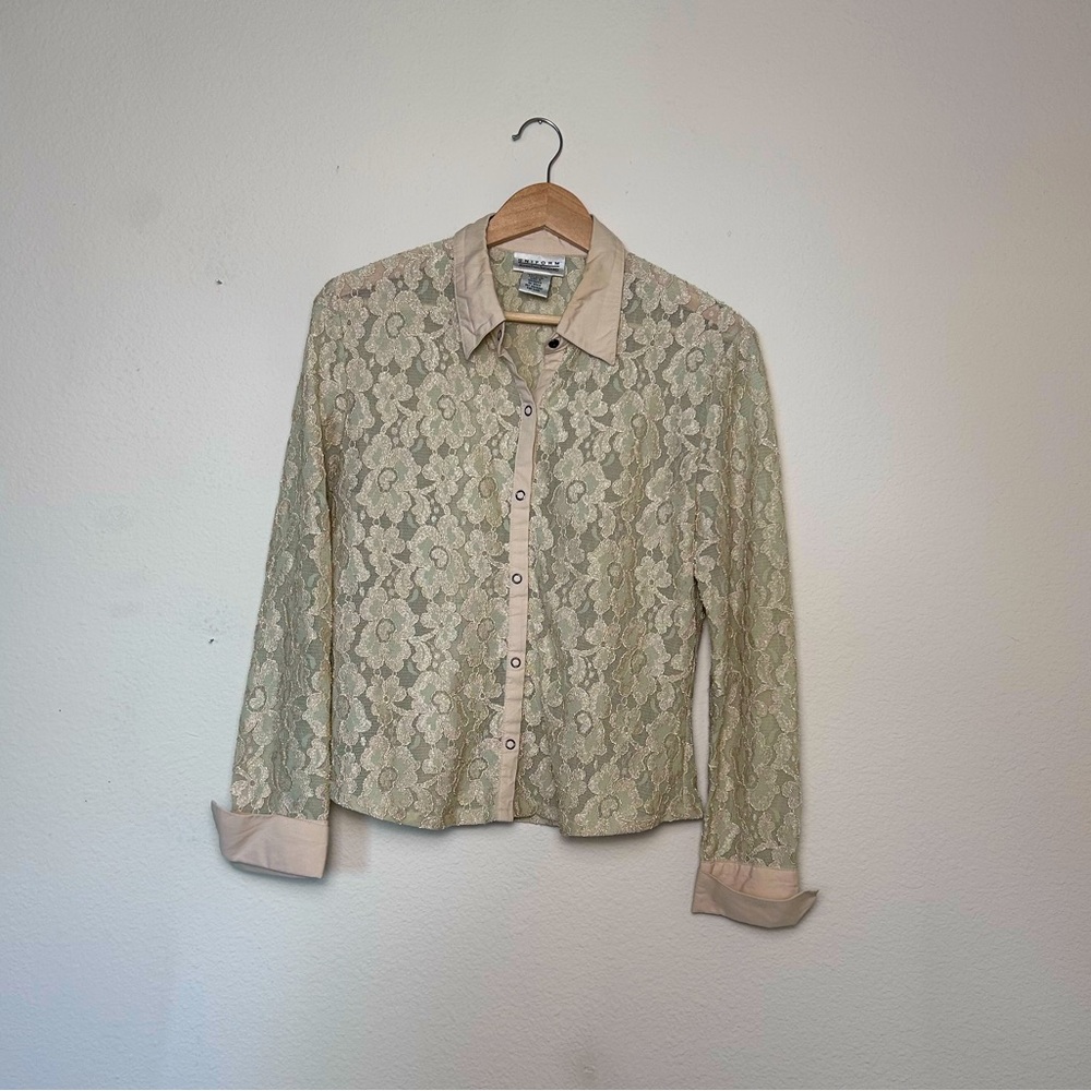 Womens John Paul Richard Tan Floral Long Sleeve Button Down Size M Vintage Sheer